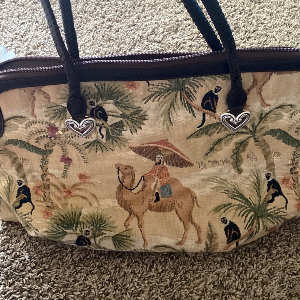Brighton Camel Monkeys Tapestry Weekender Shoulder Bag Braided Leather Straps